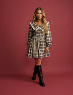 Brown Tartan Oversized Collared Kia Mini Dress