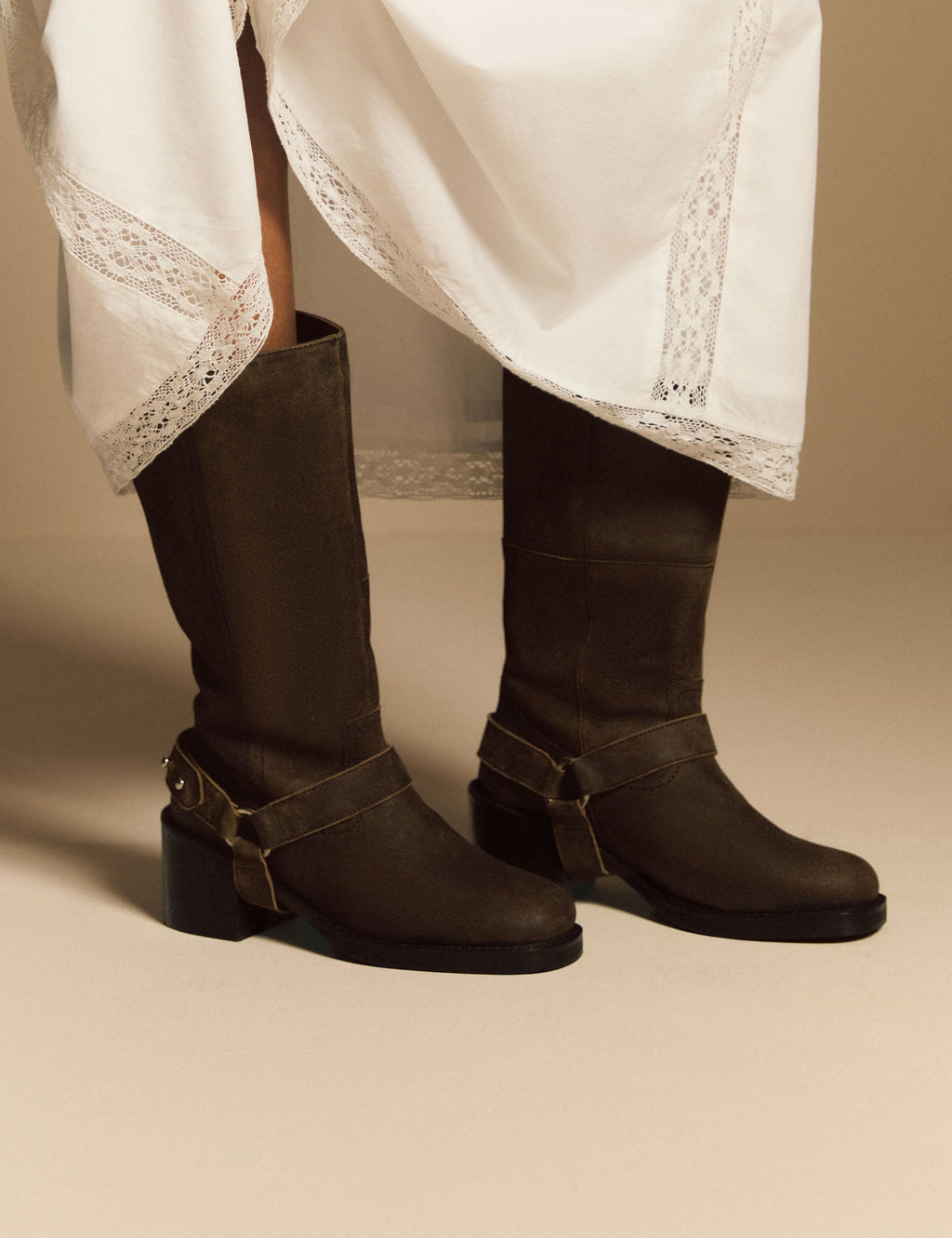 Dark Brown Suede Buckled Boots