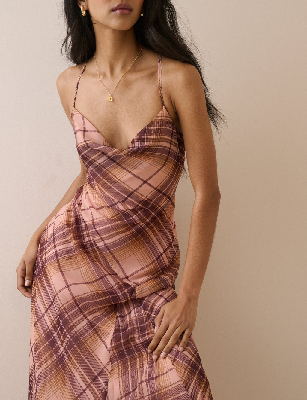 Pink and Maroon Check Motsi Midi Dress