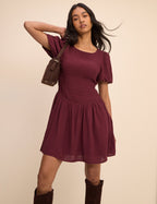 Petite Burgundy Shirred Landy Mini Dress
