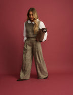 Grey Check Mid Rise Wide Leg Trousers