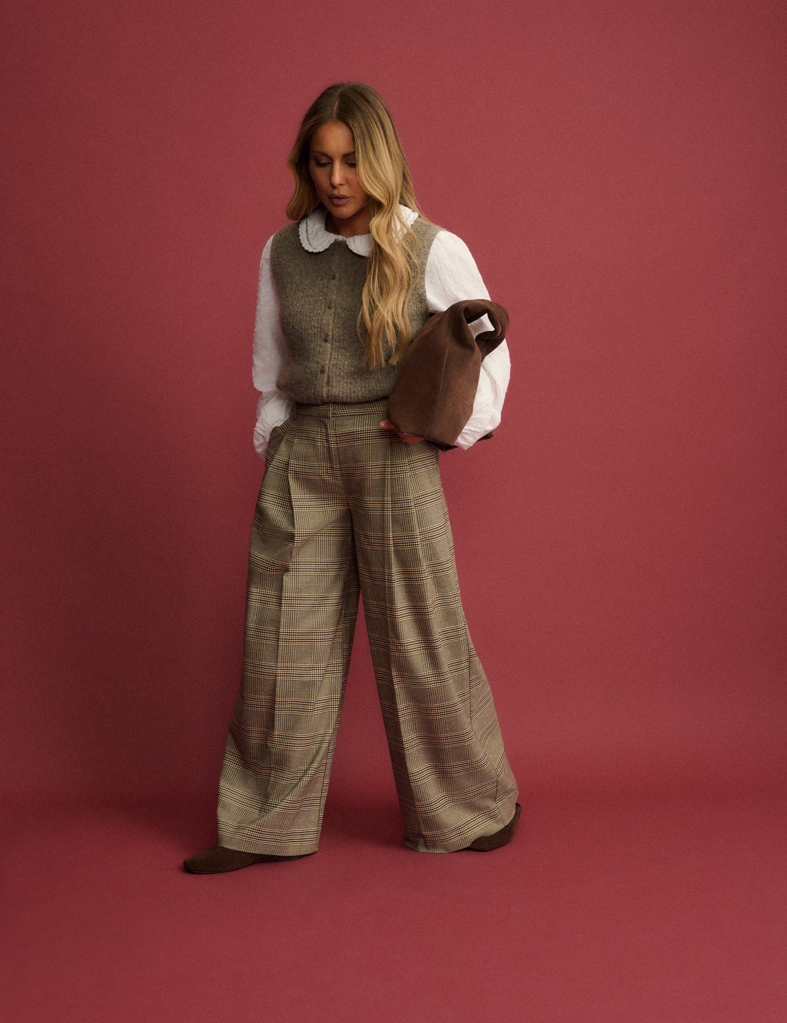 Grey Check Mid Rise Wide Leg Trousers