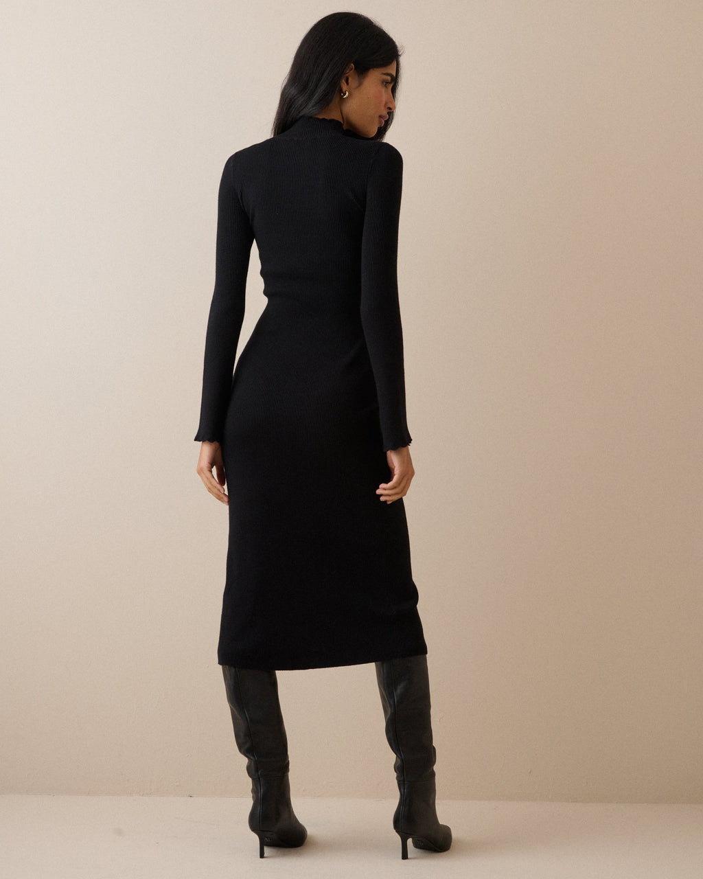 Black Ribbed Knitted Midi Dress