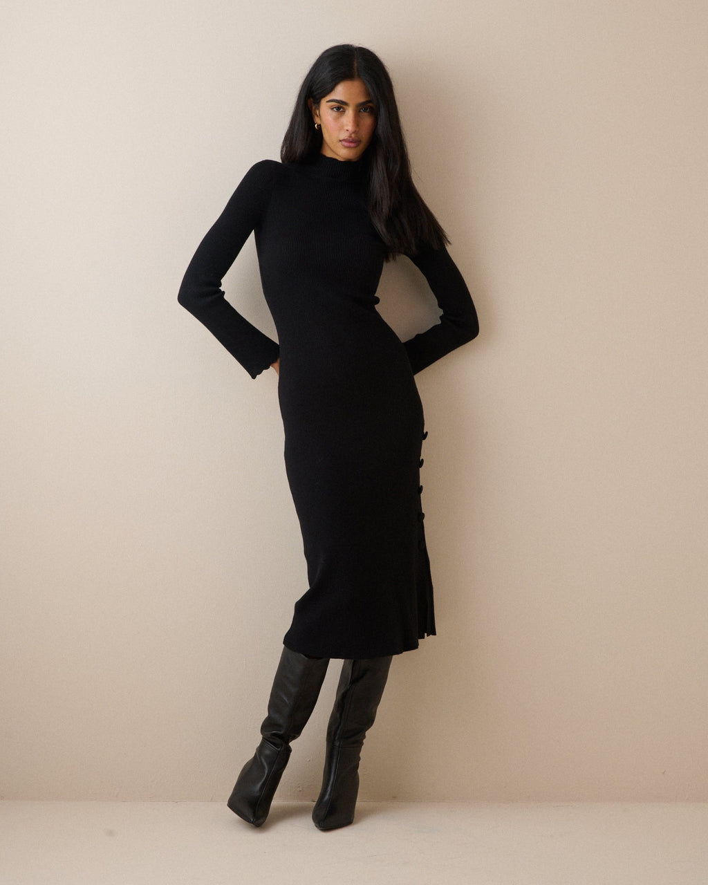 Black Ribbed Knitted Midi Dress