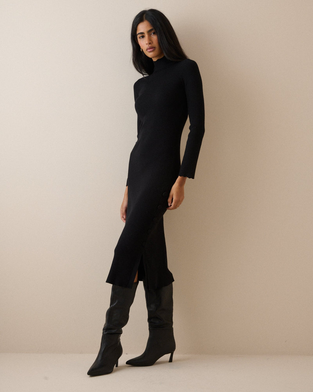 Black Ribbed Knitted Midi Dress