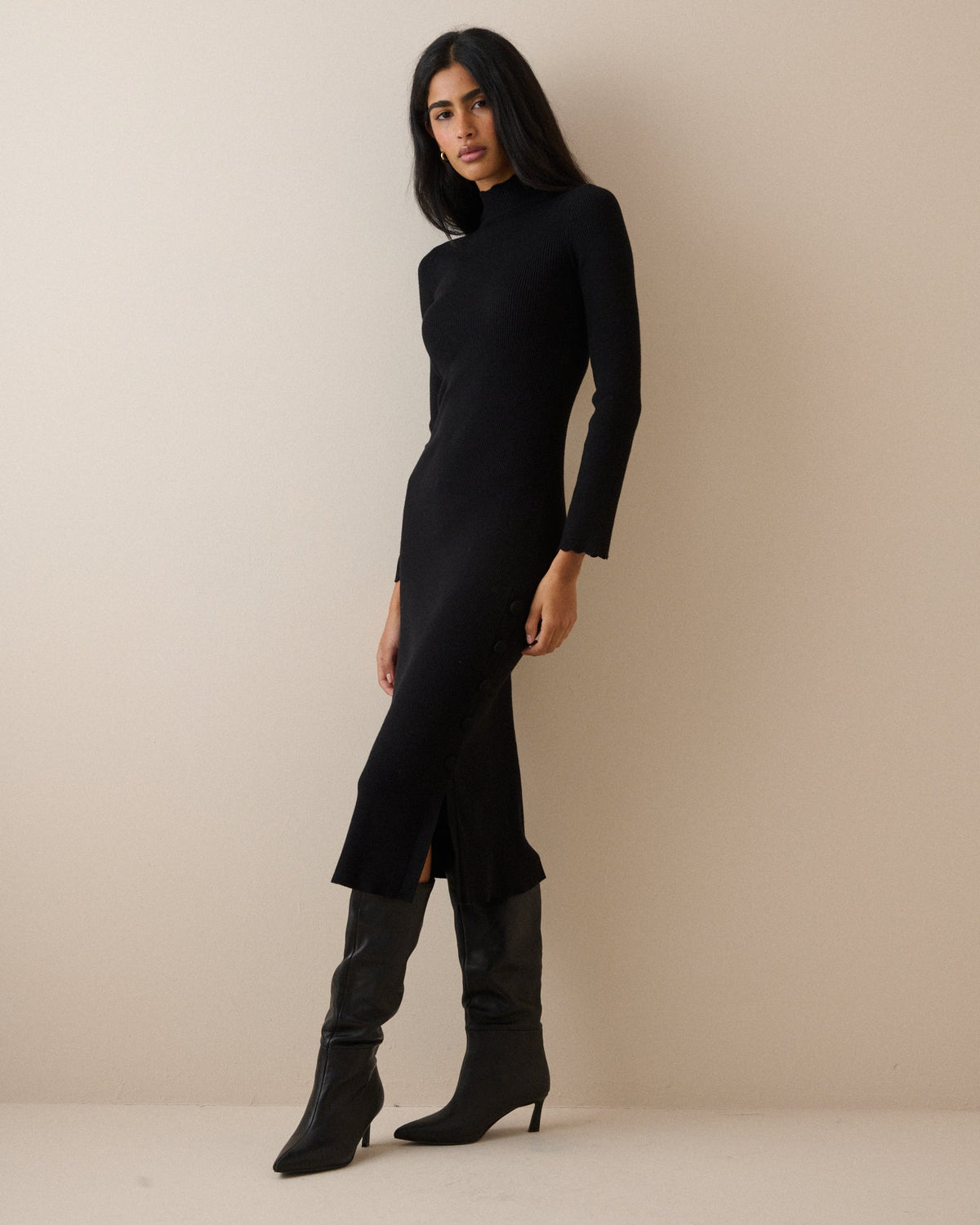 Black Ribbed Knitted Midi Dress