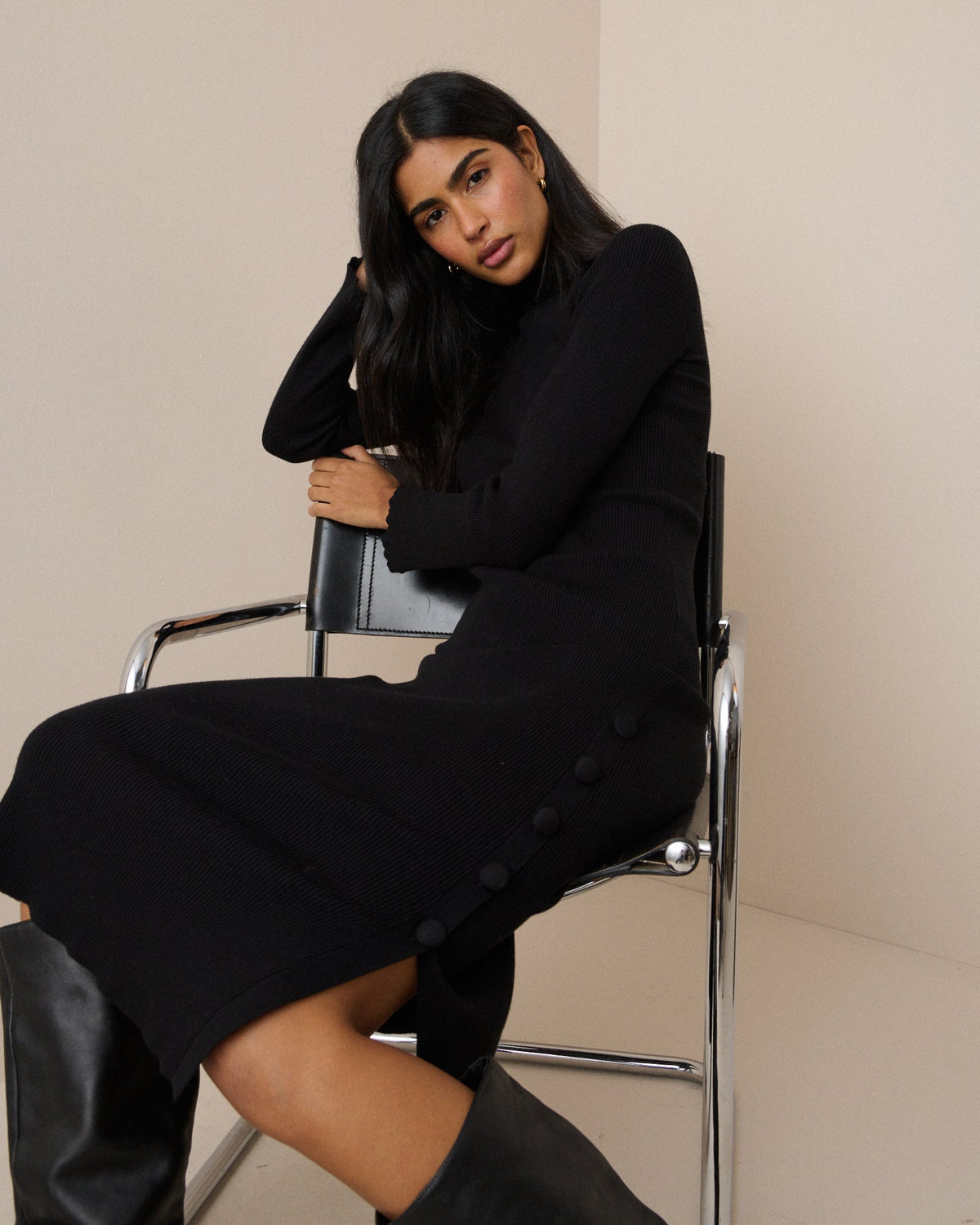 Black Ribbed Knitted Midi Dress