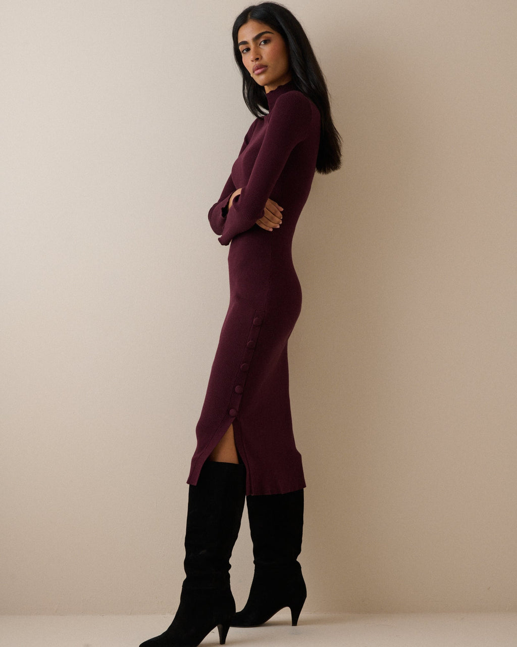 Burgundy Ribbed Knitted Midi Dress