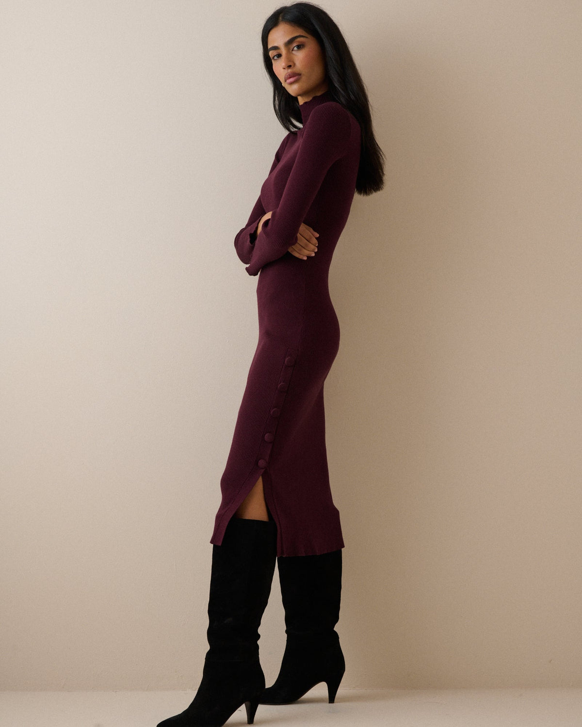 Burgundy Ribbed Knitted Midi Dress