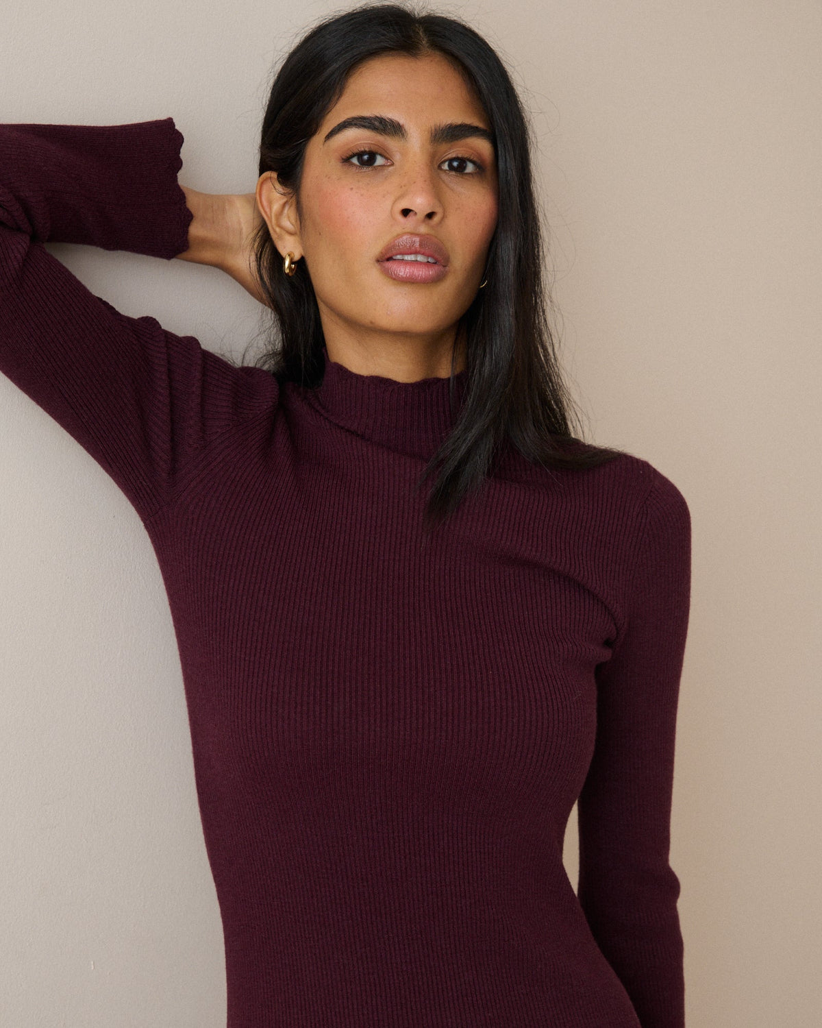 Burgundy Ribbed Knitted Midi Dress