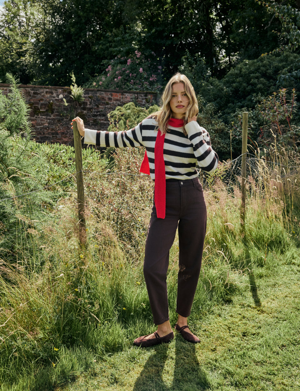 Brown and White Striped Crew Neck Jumper