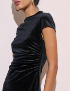Black Lace Trim Velvet Manon Midi Dress