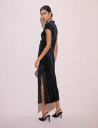 Black Lace Trim Velvet Manon Midi Dress