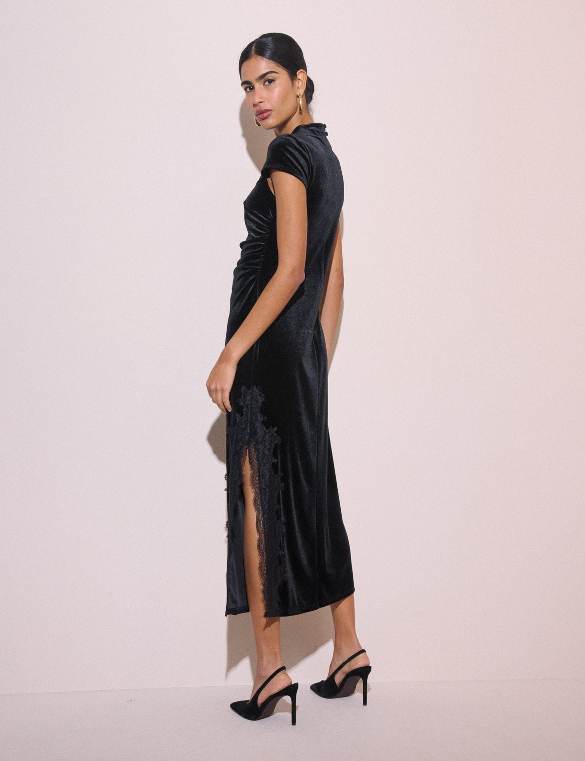 Black Lace Trim Velvet Manon Midi Dress