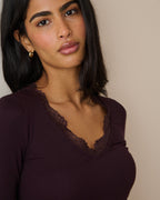 Burgundy Scalloped Lace Trim Modal-Rich Top