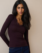 Burgundy Scalloped Lace Trim Modal-Rich Top