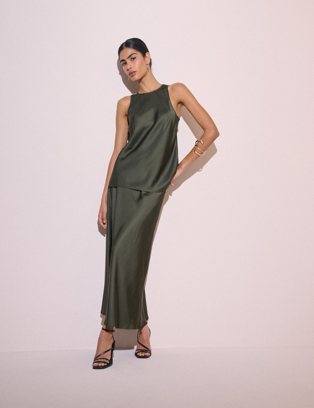 Olive Green Satin Sleeveless Top