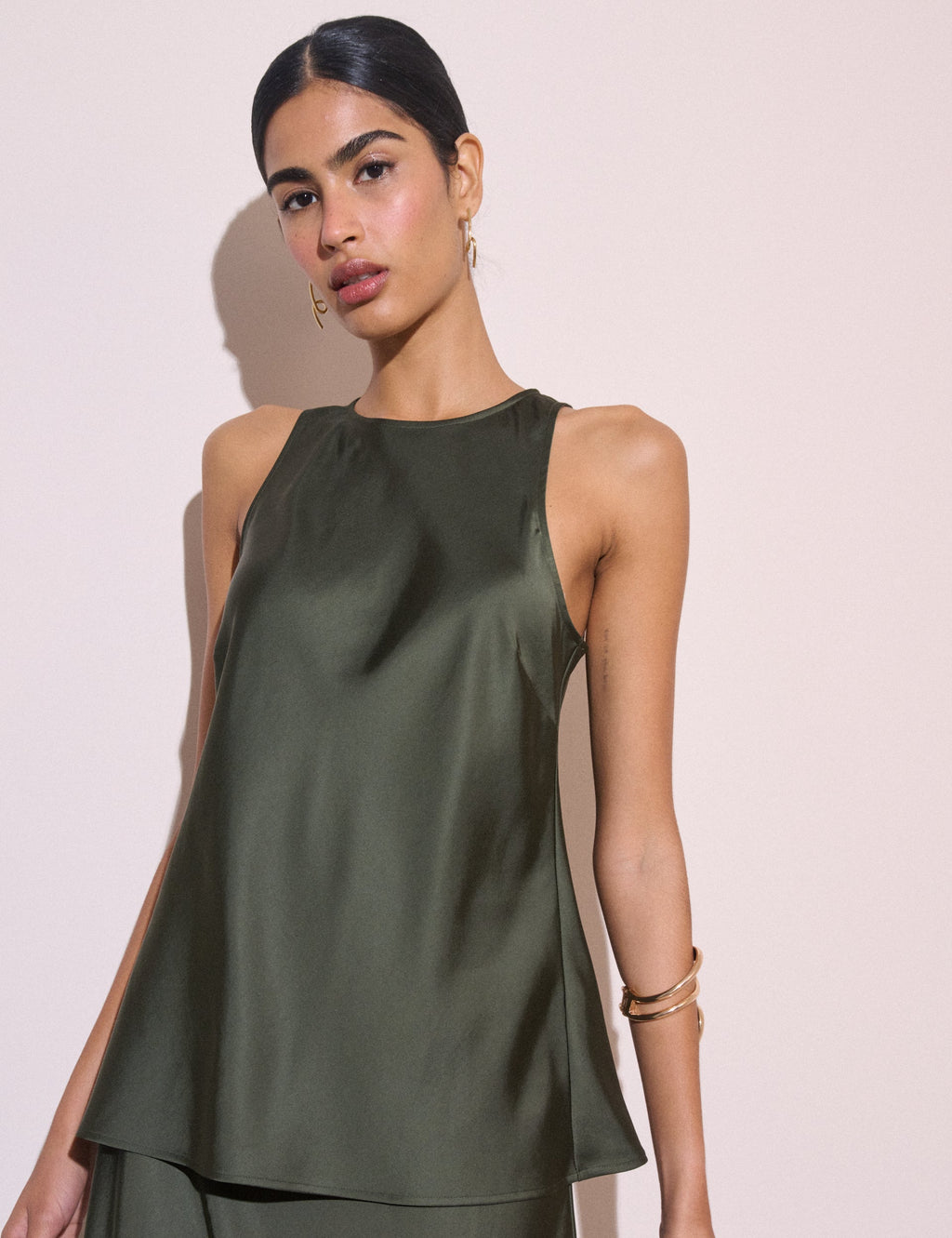 Olive Green Satin Sleeveless Top