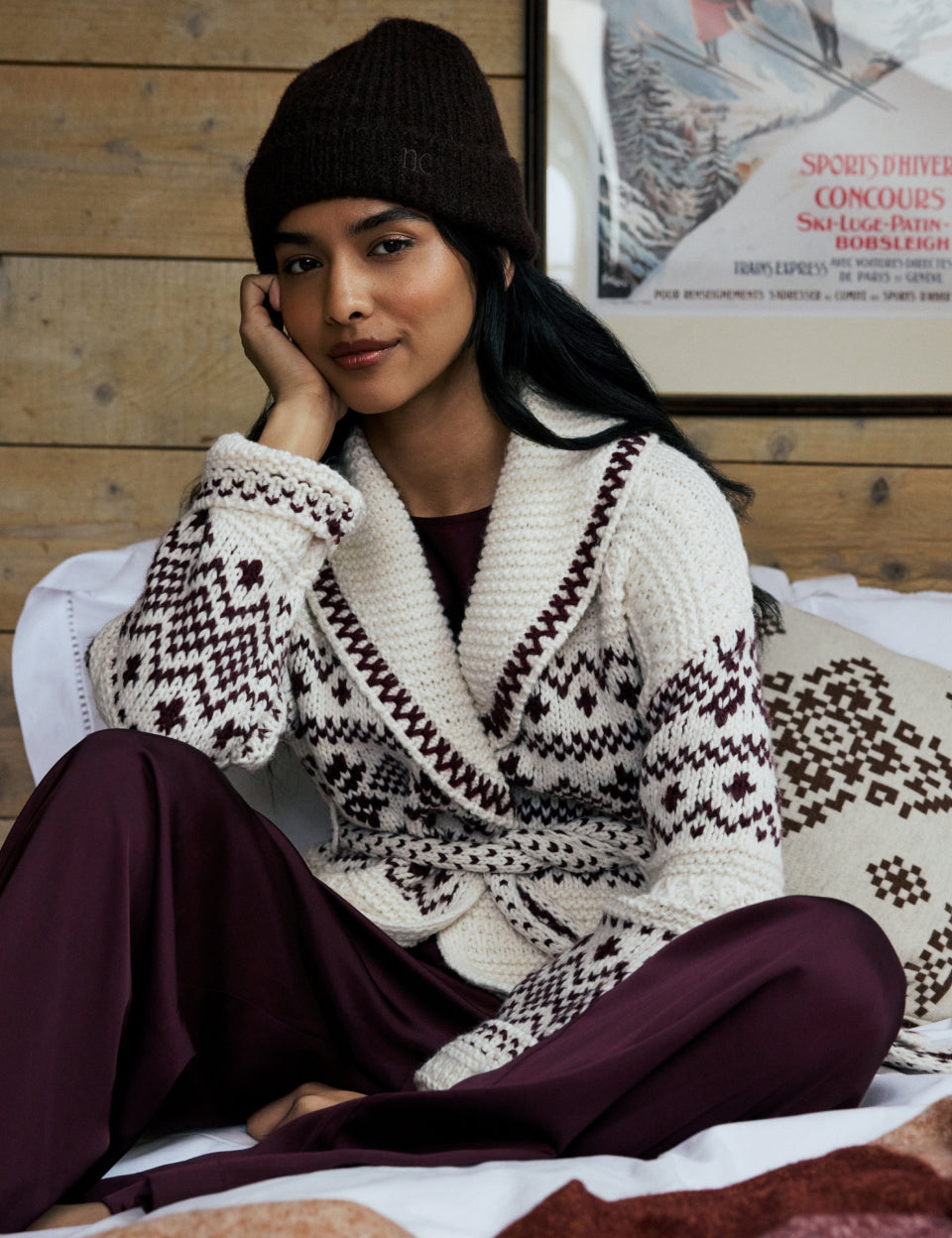Burgundy and Cream Fair Isle Print Wrap Cardigan