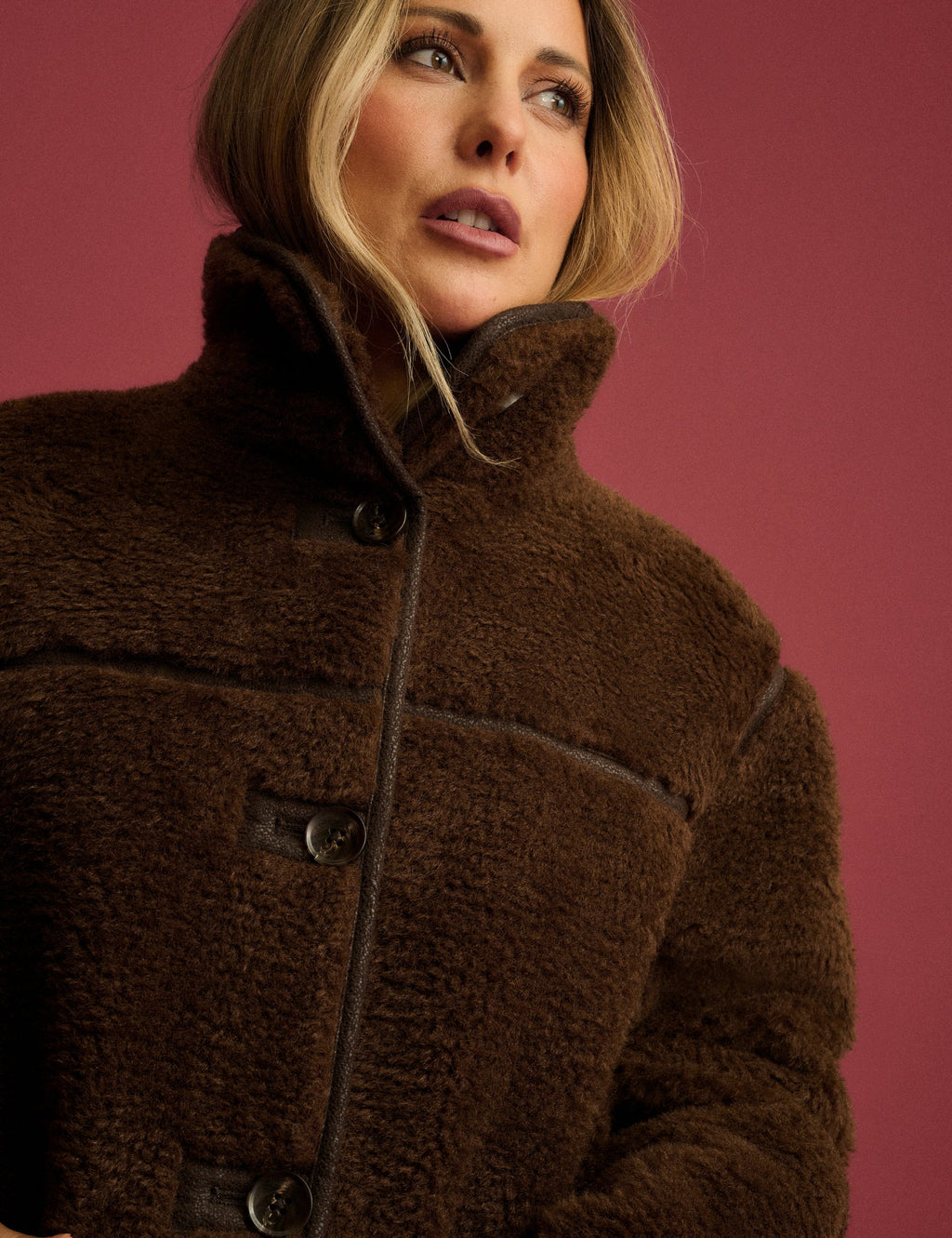 Brown Funnel Neck Faux Shearling Coat