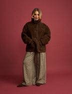 Brown Funnel Neck Faux Shearling Coat