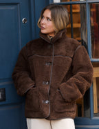 Brown Funnel Neck Faux Shearling Coat