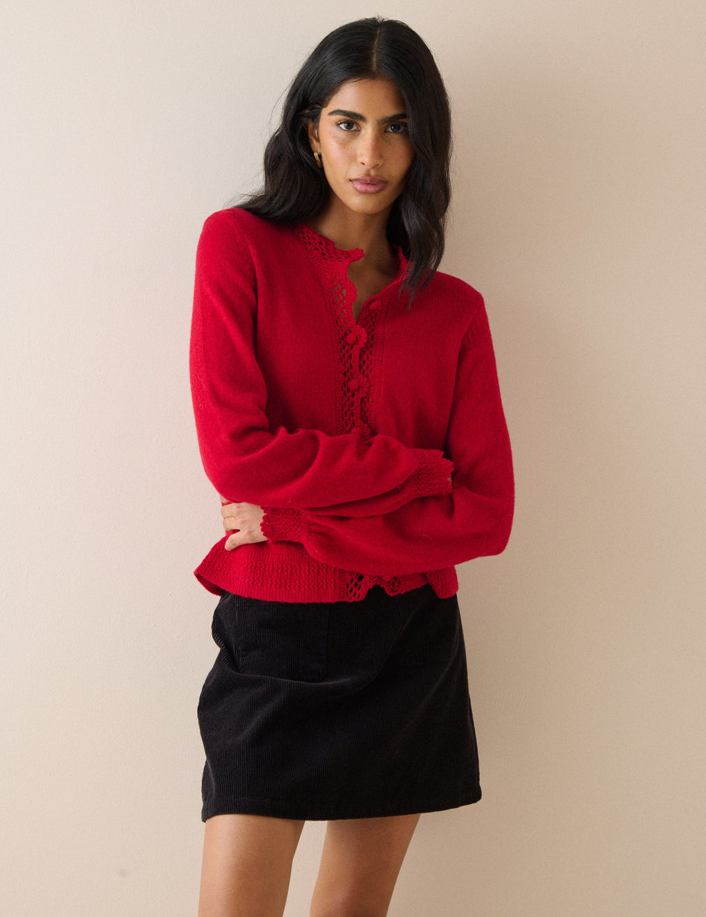 Red Wool-Blend Crochet Trim Crew Neck Cardigan