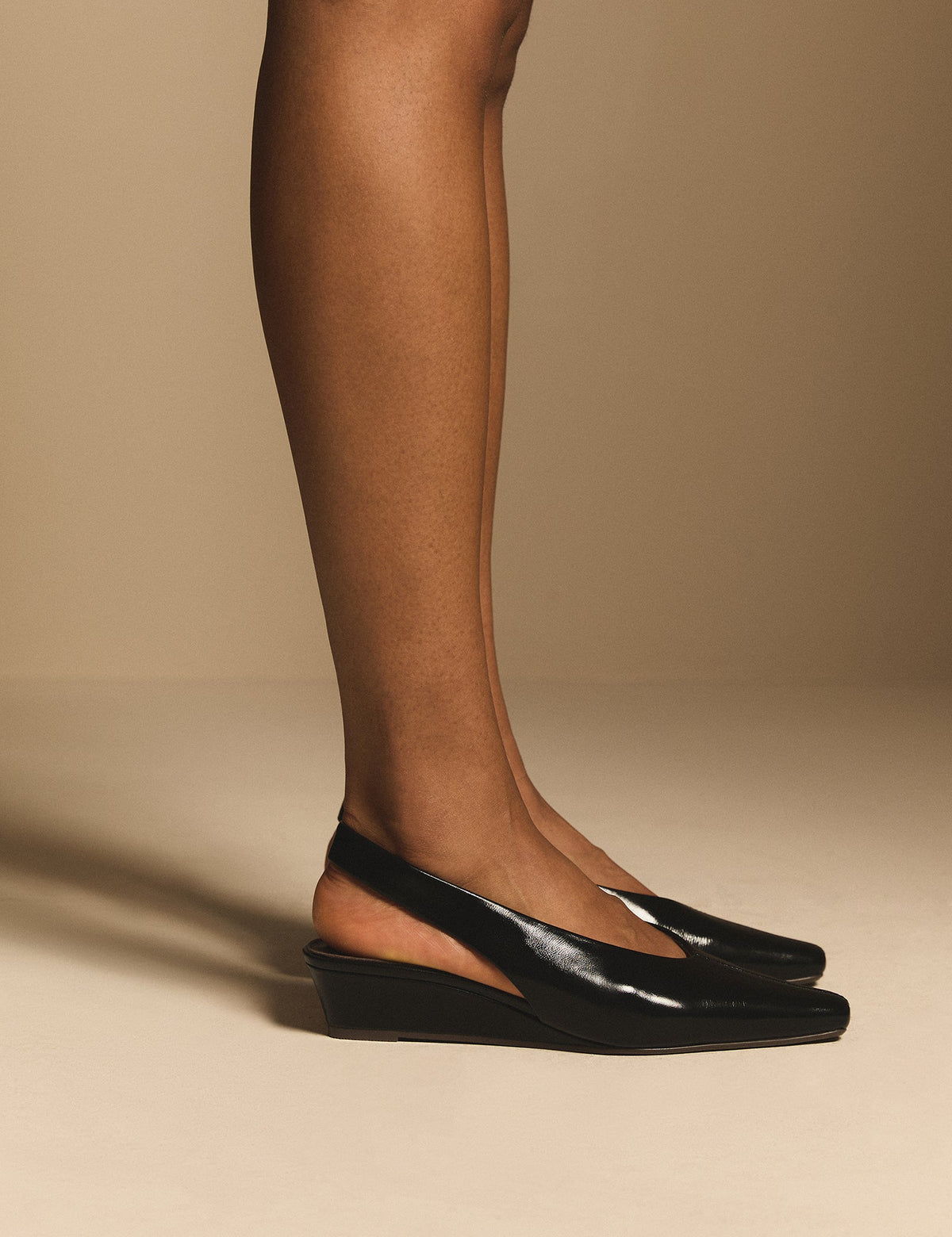 Black Leather Wedge Sling Back Heels