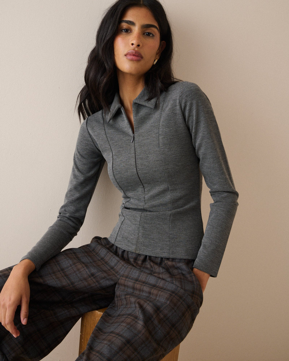 Grey Collared Jersey Top