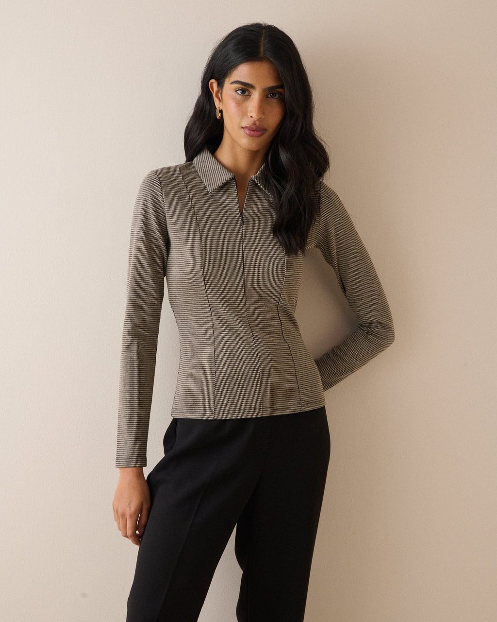 Brown Houndstooth Collared Jersey Top