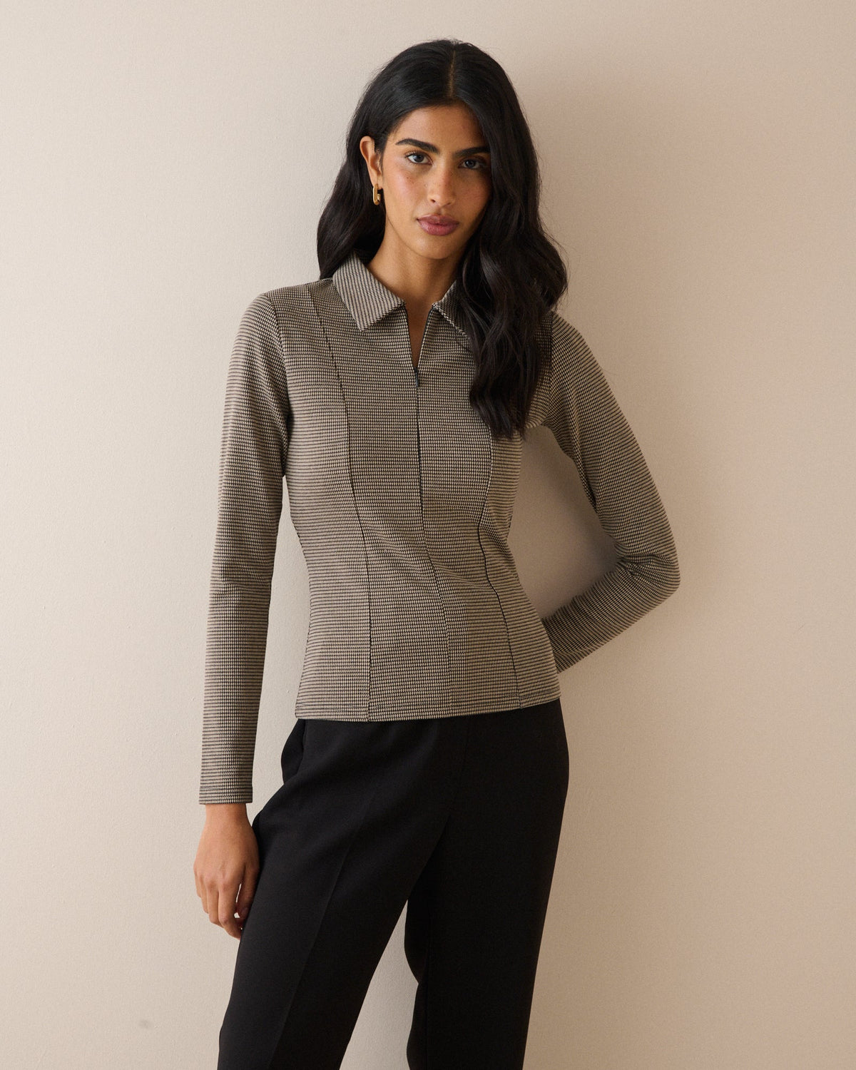 Brown Houndstooth Collared Jersey Top