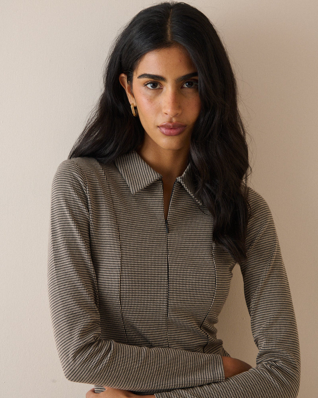 Brown Houndstooth Collared Jersey Top