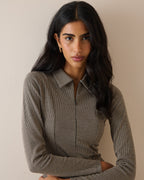 Brown Houndstooth Collared Jersey Top