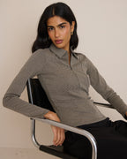 Brown Houndstooth Collared Jersey Top