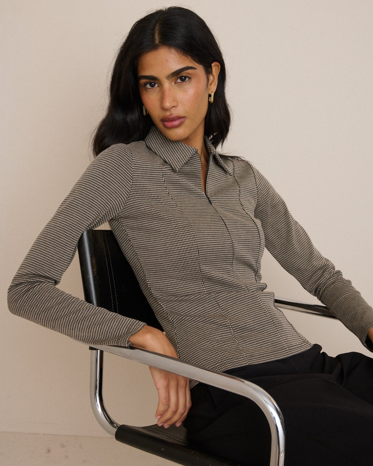 Brown Houndstooth Collared Jersey Top