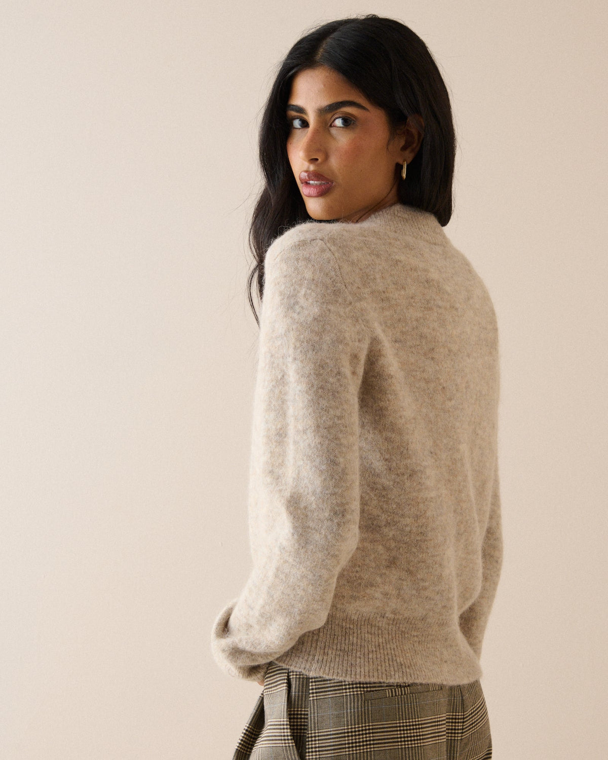 Oatmeal V-Neck Ribbed Trim Jumper