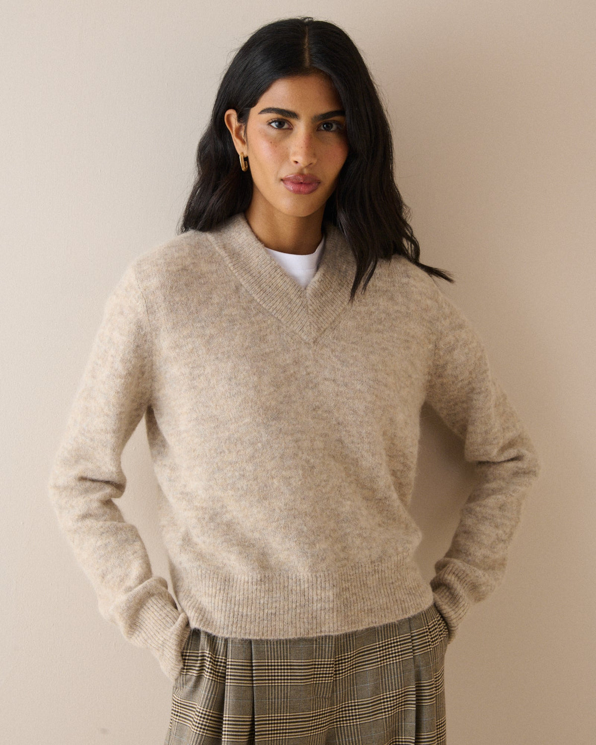 Oatmeal V-Neck Ribbed Trim Jumper