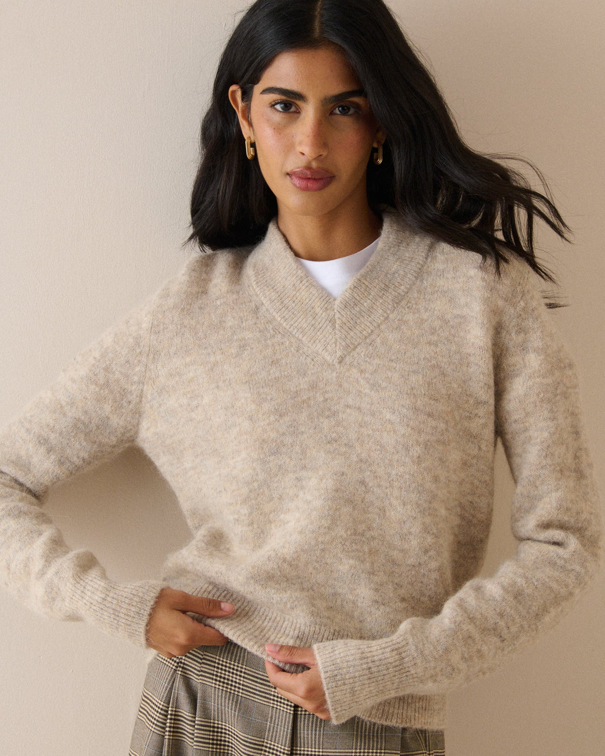 Oatmeal V-Neck Ribbed Trim Jumper