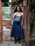Dark Blue A-Line Denim Midi Skirt