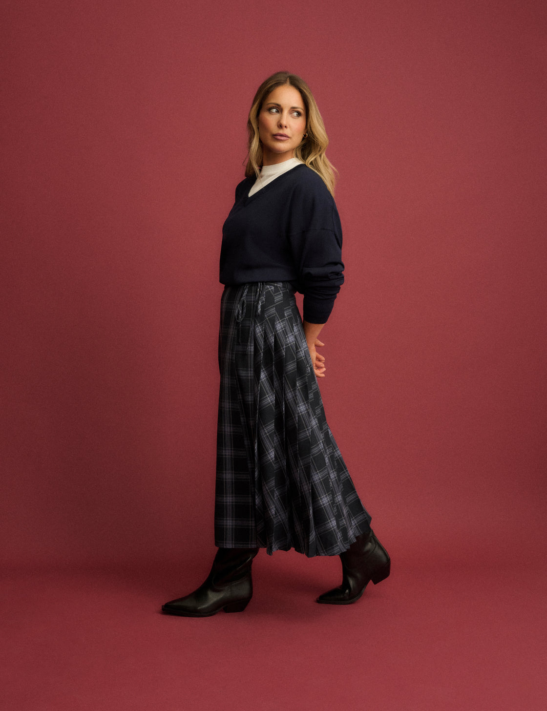 Navy Tartan Pleated Midi Skirt