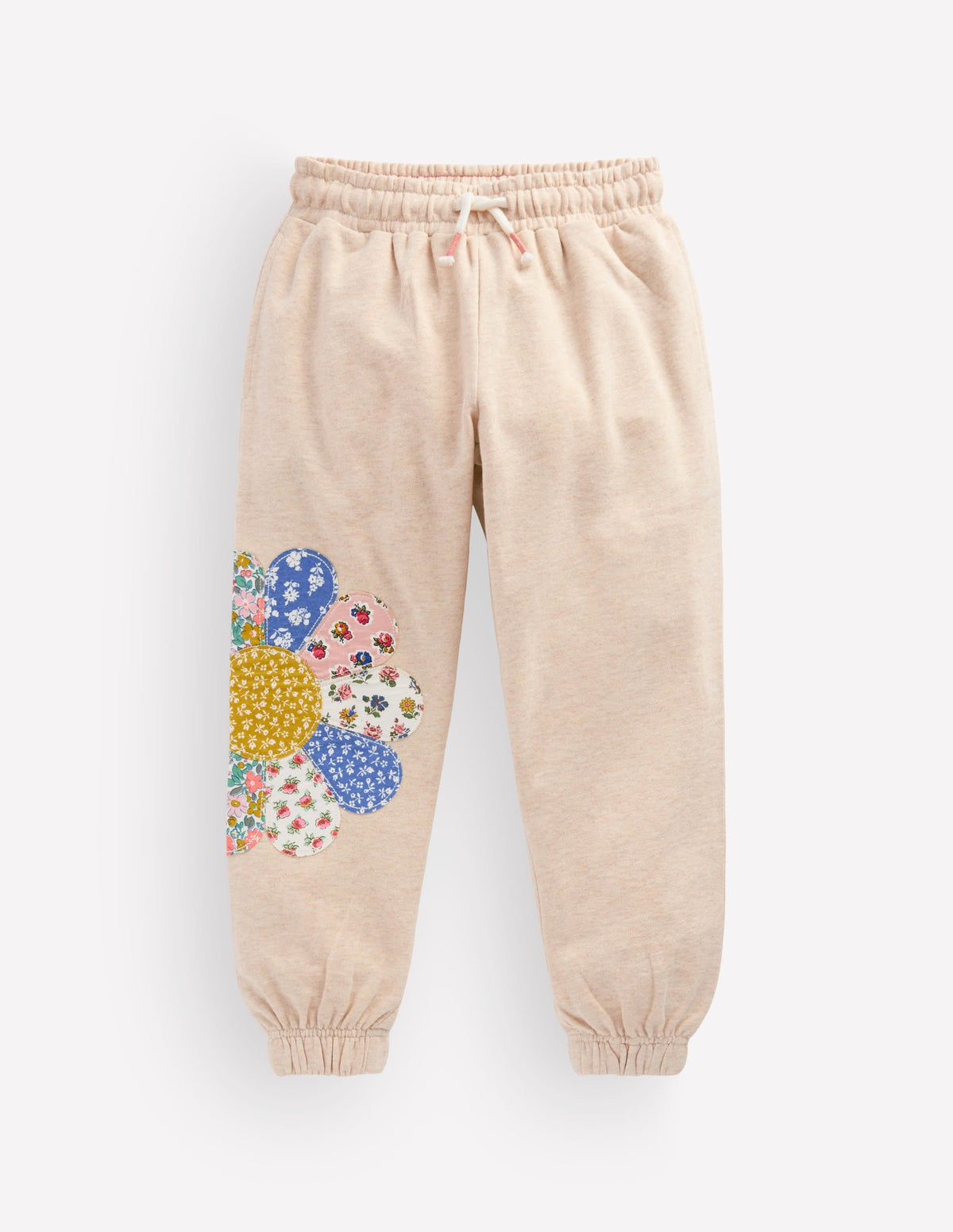 Appliqué Cuffed Joggers-Oatmeal Patchwork Flower