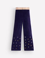 Velvet Flared Leggings-Navy Embroidered Stars