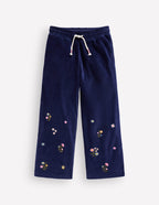 Velour Wide Leg Joggers-Navy Embroidery