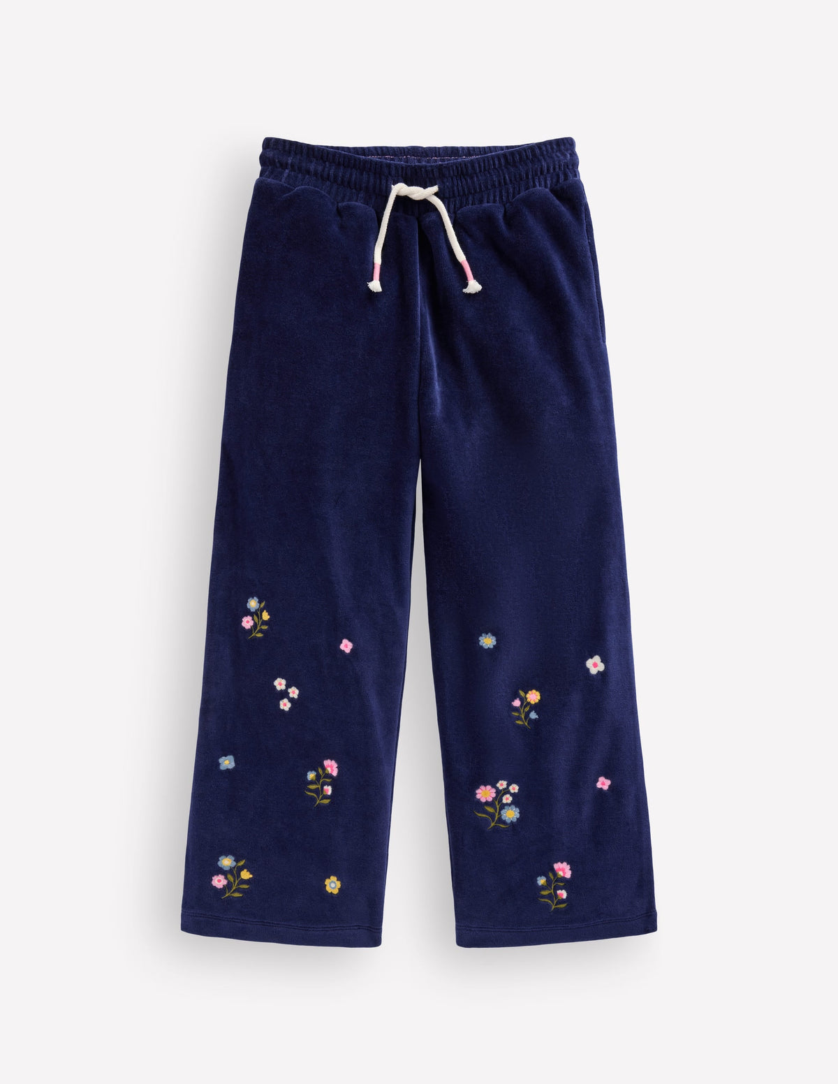 Velour Wide Leg Joggers-Navy Embroidery