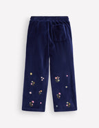 Velour Wide Leg Joggers-Navy Embroidery