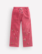 Velour Wide Leg Joggers-Pink Embroidery