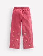 Velour Wide Leg Joggers-Pink Embroidery