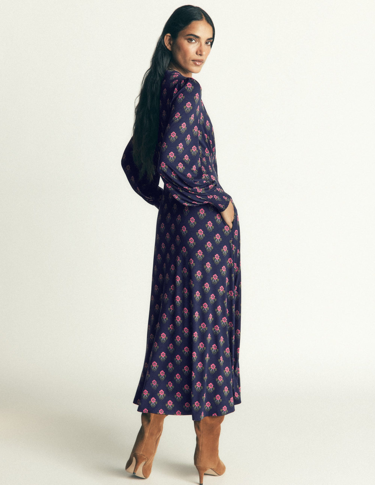 Georgia Jersey Midi Dress-Navy, Flourishing Spring Stamp
