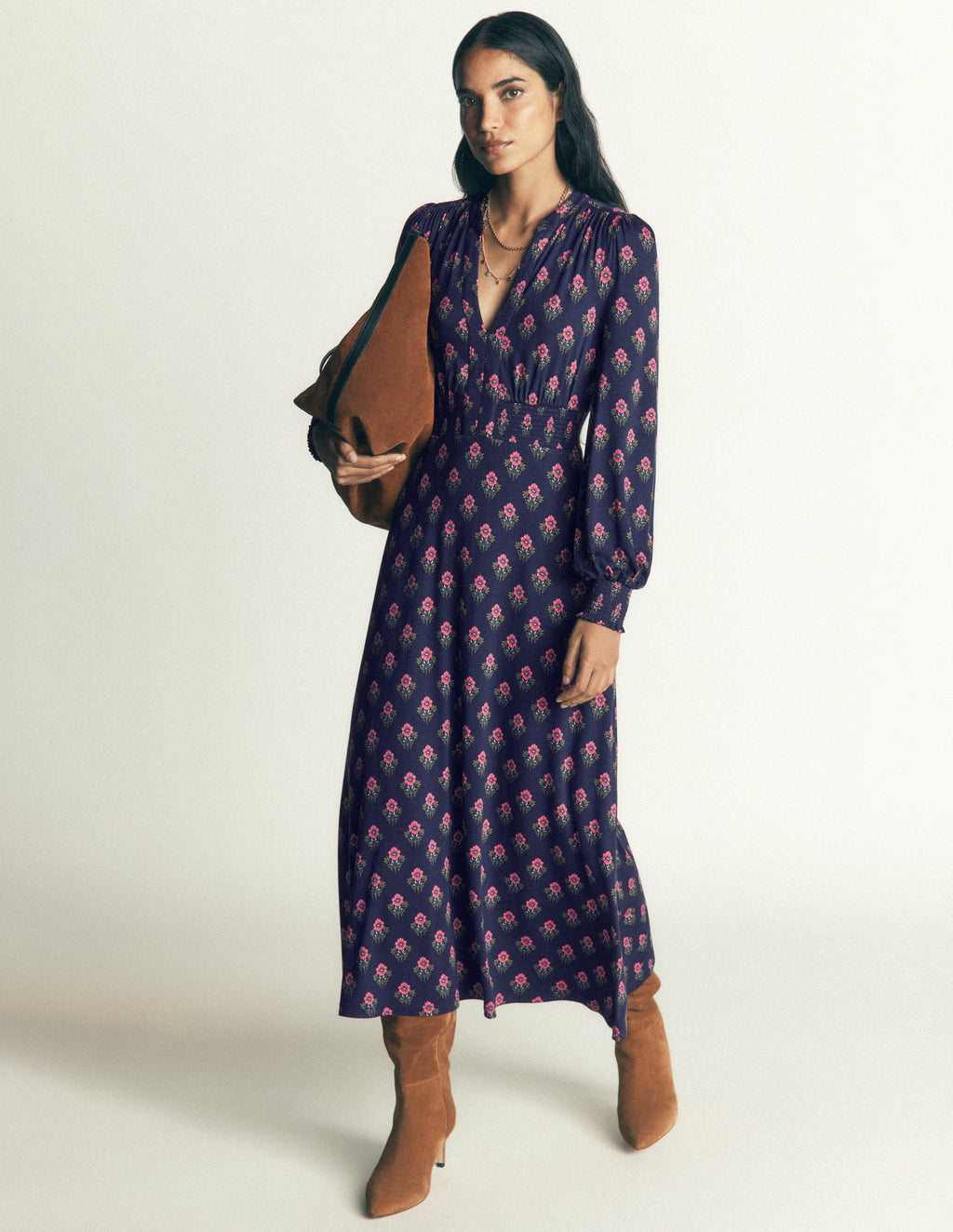 Georgia Jersey Midi Dress-Navy, Flourishing Spring Stamp