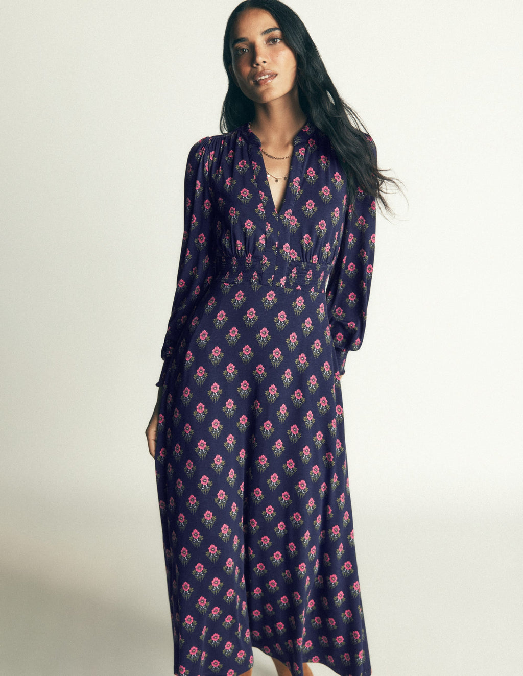 Georgia Jersey Midi Dress-Navy, Flourishing Spring Stamp